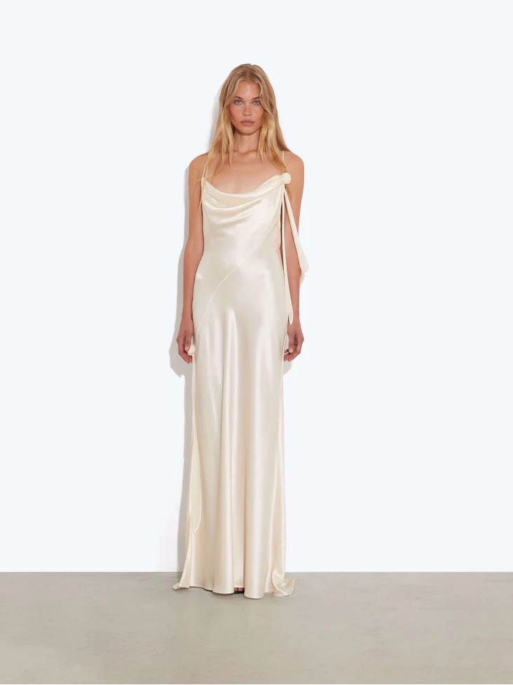Rat & Boa Champagne Satin Draped Maxi Dress